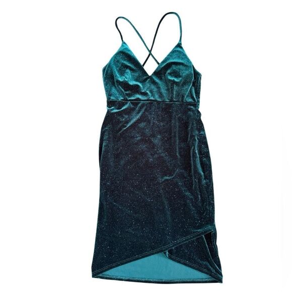 Windsor Women's Green Sparkle Velvet V Neck Mini Dress Size Small - Picture 2 of 6